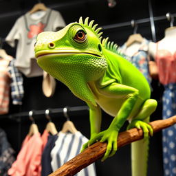 A green iguana selling clothes in a store, striking a pose on a branch, with a black background