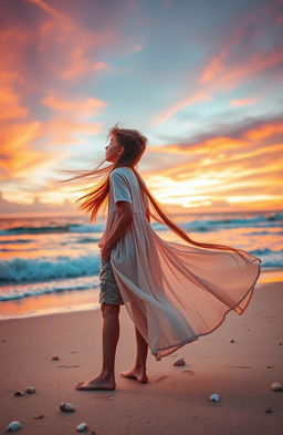 A captivating scene featuring two young adults, a boy and a girl, standing together on a beautiful beach during sunset