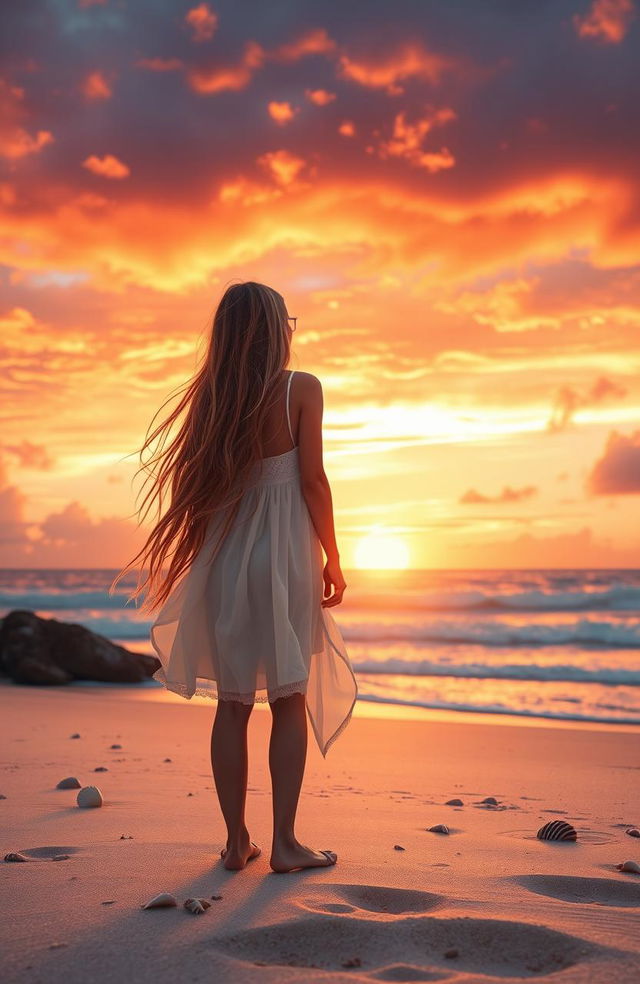 A captivating scene featuring two young adults, a boy and a girl, standing together on a beautiful beach during sunset