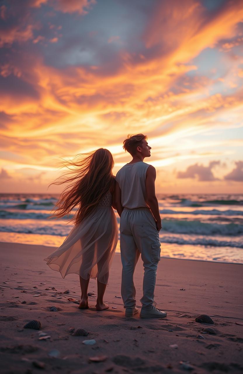 A captivating scene featuring two young adults, a boy and a girl, standing together on a beautiful beach during sunset