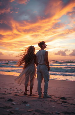 A captivating scene featuring two young adults, a boy and a girl, standing together on a beautiful beach during sunset