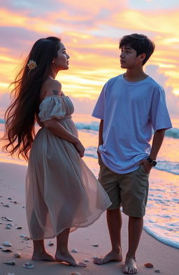 A captivating scene featuring two young adults, a boy and a girl, standing together on a beautiful beach during sunset