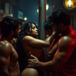 A scene depicting a sultry Indian woman, wearing minimal attire, leaning against a pole on a dimly lit street