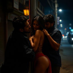 A scene depicting a sultry Indian woman, wearing minimal attire, leaning against a pole on a dimly lit street