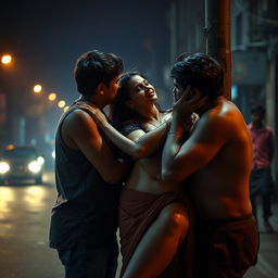A scene depicting a sultry Indian woman, wearing minimal attire, leaning against a pole on a dimly lit street