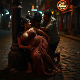 A sultry Indian woman in a suggestive pose lying on a dimly lit street, leaning against an old street pole