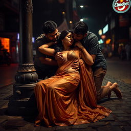 A sultry Indian woman in a suggestive pose lying on a dimly lit street, leaning against an old street pole