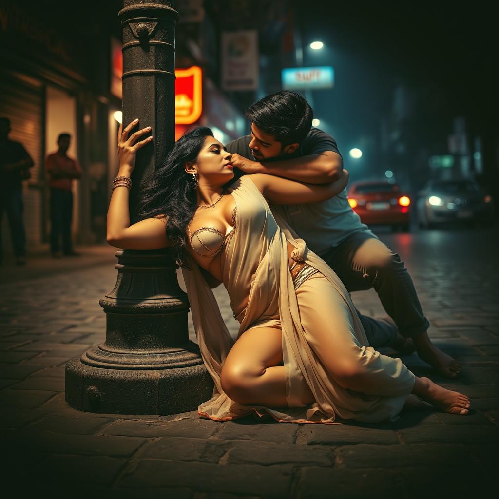 A sultry Indian woman in a suggestive pose lying on a dimly lit street, leaning against an old street pole