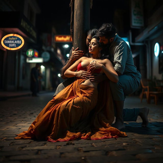 A sultry Indian woman in a suggestive pose lying on a dimly lit street, leaning against an old street pole