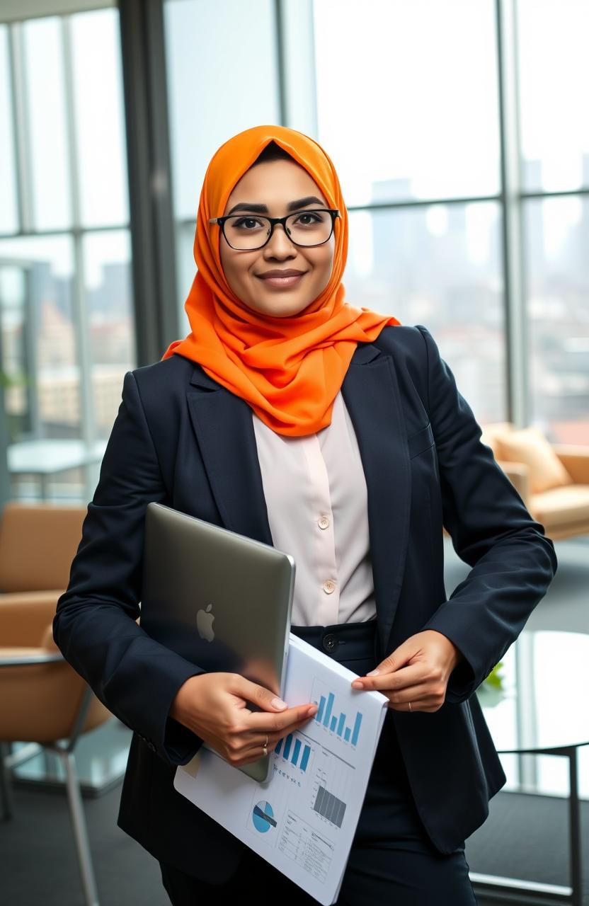 A determined hijabi girl confidently standing in a modern business setting, showcasing her entrepreneurial spirit