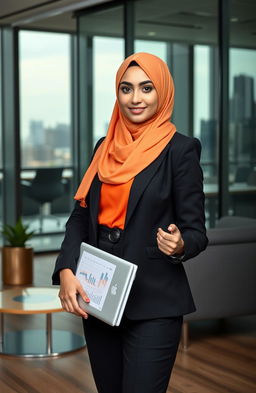 A determined hijabi girl confidently standing in a modern business setting, showcasing her entrepreneurial spirit