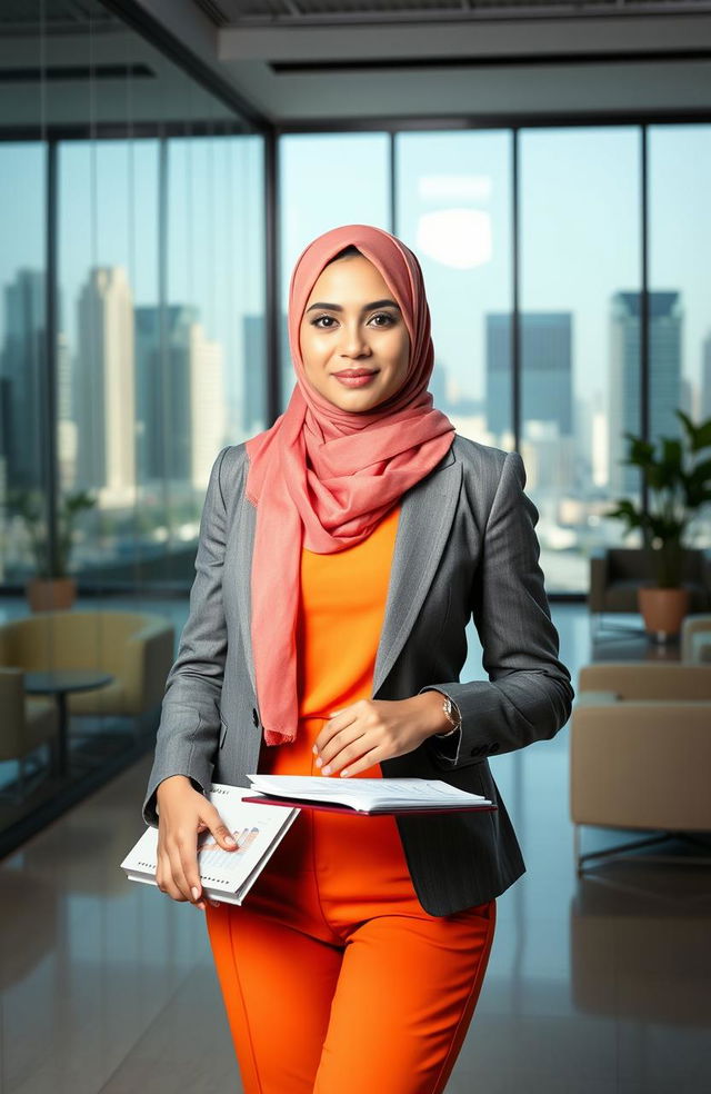 A determined hijabi girl confidently standing in a modern business setting, showcasing her entrepreneurial spirit