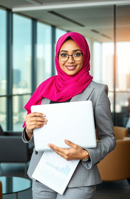 A determined hijabi girl confidently standing in a modern business setting, showcasing her entrepreneurial spirit