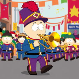 An energetic illustration of Stan Marsh from South Park as a member of a marching band