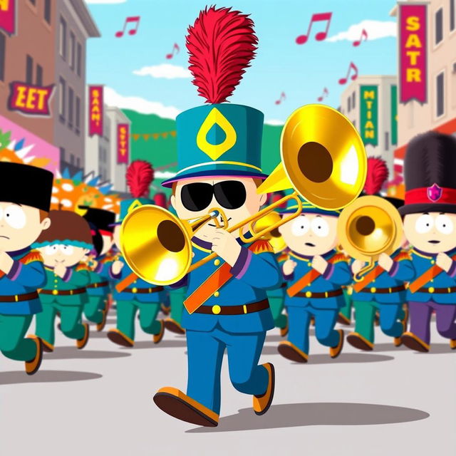 An energetic illustration of Stan Marsh from South Park as a member of a marching band