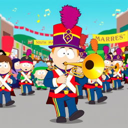 An energetic illustration of Stan Marsh from South Park as a member of a marching band