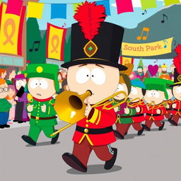An energetic illustration of Stan Marsh from South Park as a member of a marching band