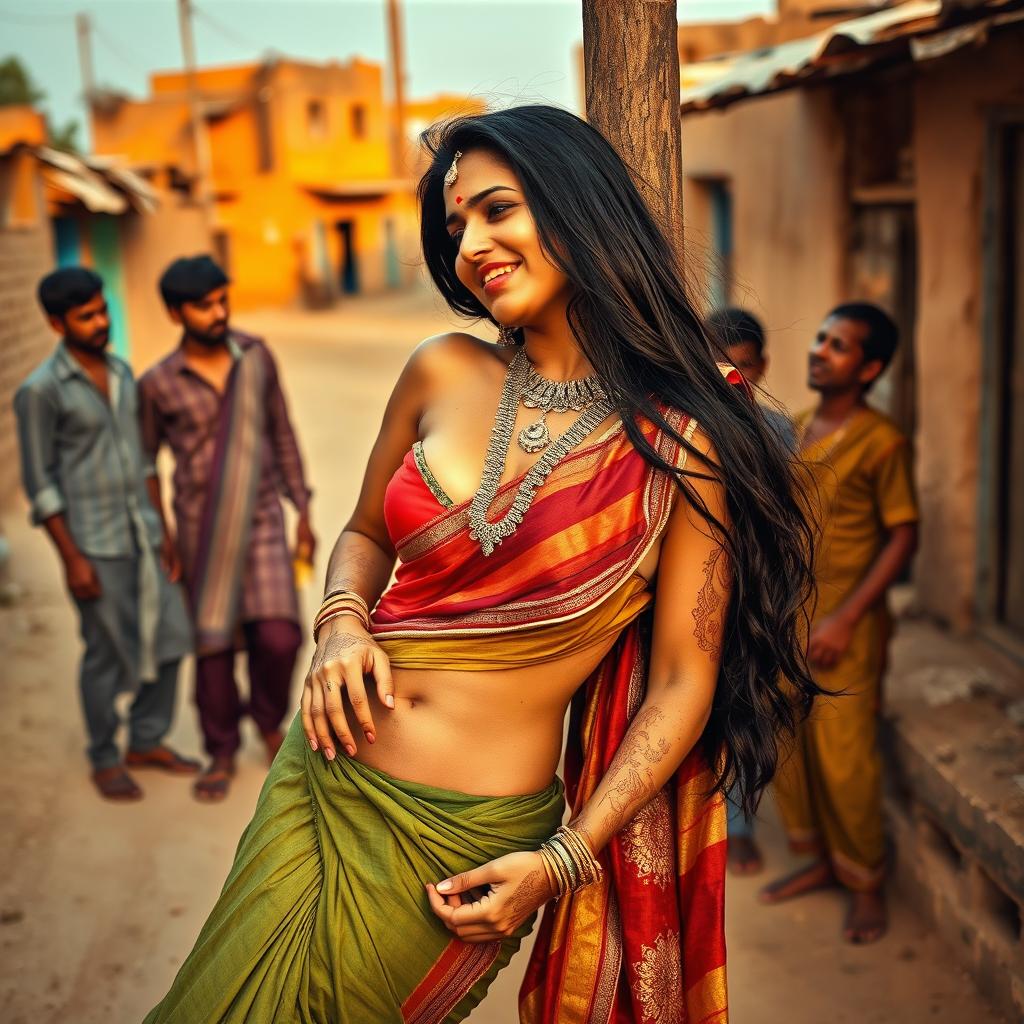 A sultry Rajasthani woman with long hair wears traditional jewelry, lying against a pole in a rural village setting