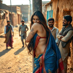 A sultry Rajasthani woman with long hair wears traditional jewelry, lying against a pole in a rural village setting