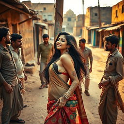 A sultry Rajasthani woman with long hair wears traditional jewelry, lying against a pole in a rural village setting