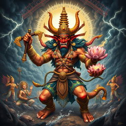 A dramatic depiction of Narakasura, the fearsome demon king from Hindu mythology, intricately designed with a muscular physique, adorned in traditional warrior attire with vibrant colors