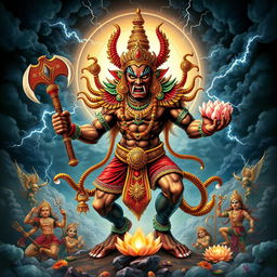 A dramatic depiction of Narakasura, the fearsome demon king from Hindu mythology, intricately designed with a muscular physique, adorned in traditional warrior attire with vibrant colors