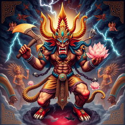 A dramatic depiction of Narakasura, the fearsome demon king from Hindu mythology, intricately designed with a muscular physique, adorned in traditional warrior attire with vibrant colors
