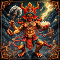 A dramatic depiction of Narakasura, the fearsome demon king from Hindu mythology, intricately designed with a muscular physique, adorned in traditional warrior attire with vibrant colors