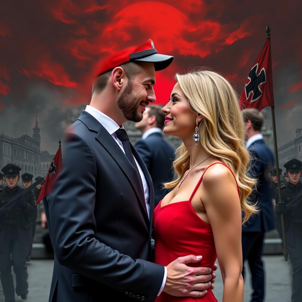 A dramatic scene depicting a military parade with a young woman in a high-collared black uniform and a cap, leading a group of soldiers marching in formation