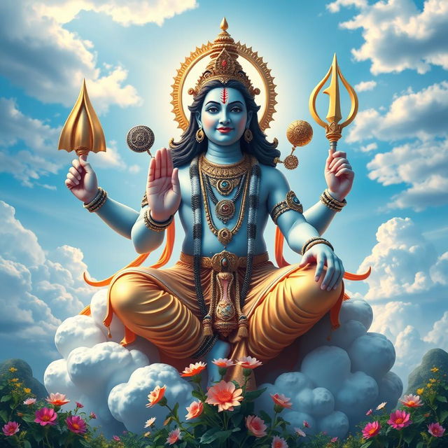 A majestic and divine depiction of Vishnu, the Hindu god known for preserving the universe