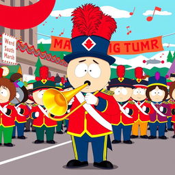 A vibrant and lively illustration of Stan Marsh from South Park as part of a marching band, dressed in a classic marching band uniform with a tall, feathered hat and colorful jacket