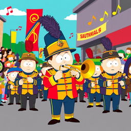 A vibrant and lively illustration of Stan Marsh from South Park as part of a marching band, dressed in a classic marching band uniform with a tall, feathered hat and colorful jacket