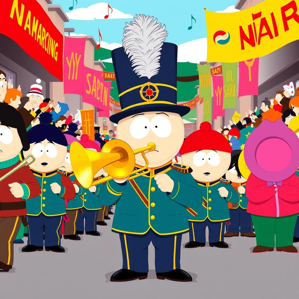 A vibrant and lively illustration of Stan Marsh from South Park as part of a marching band, dressed in a classic marching band uniform with a tall, feathered hat and colorful jacket