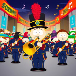 A vibrant and lively illustration of Stan Marsh from South Park as part of a marching band, dressed in a classic marching band uniform with a tall, feathered hat and colorful jacket