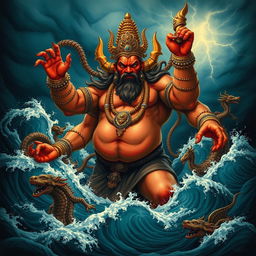 An intricately detailed depiction of Hiranyaksha, the powerful demon from Hindu mythology, emerging from the dark depths of the ocean