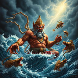 An intricately detailed depiction of Hiranyaksha, the powerful demon from Hindu mythology, emerging from the dark depths of the ocean