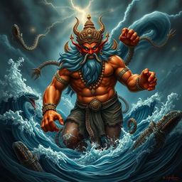 An intricately detailed depiction of Hiranyaksha, the powerful demon from Hindu mythology, emerging from the dark depths of the ocean