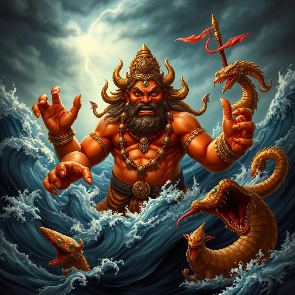 An intricately detailed depiction of Hiranyaksha, the powerful demon from Hindu mythology, emerging from the dark depths of the ocean