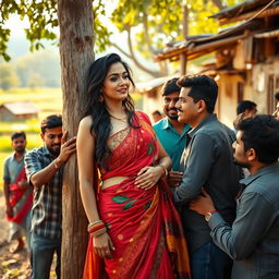 A sultry Indian woman, exuding allure and confidence, interacting with several men in a rural setting