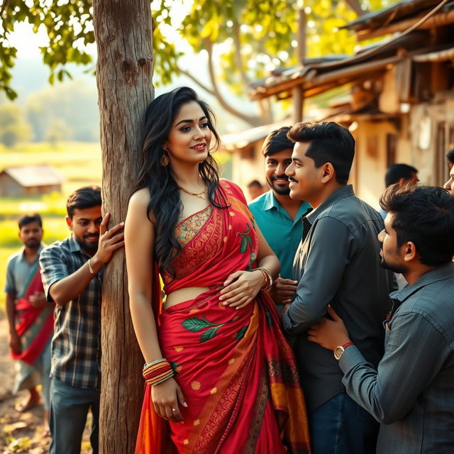 A sultry Indian woman, exuding allure and confidence, interacting with several men in a rural setting