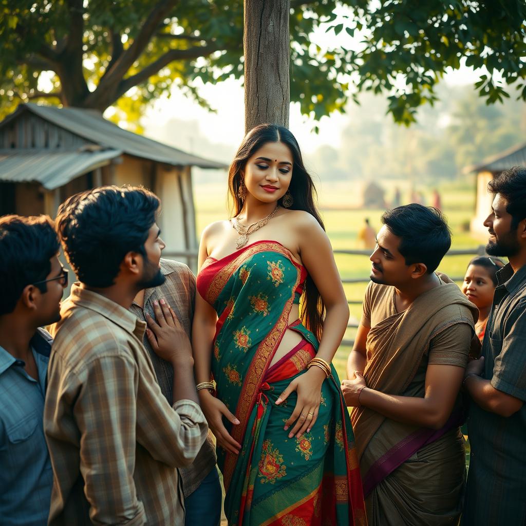 A sultry Indian woman, exuding allure and confidence, interacting with several men in a rural setting