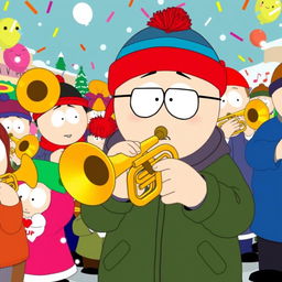 A vibrant scene of Stan Marsh from South Park playing a trumpet in a lively brass band