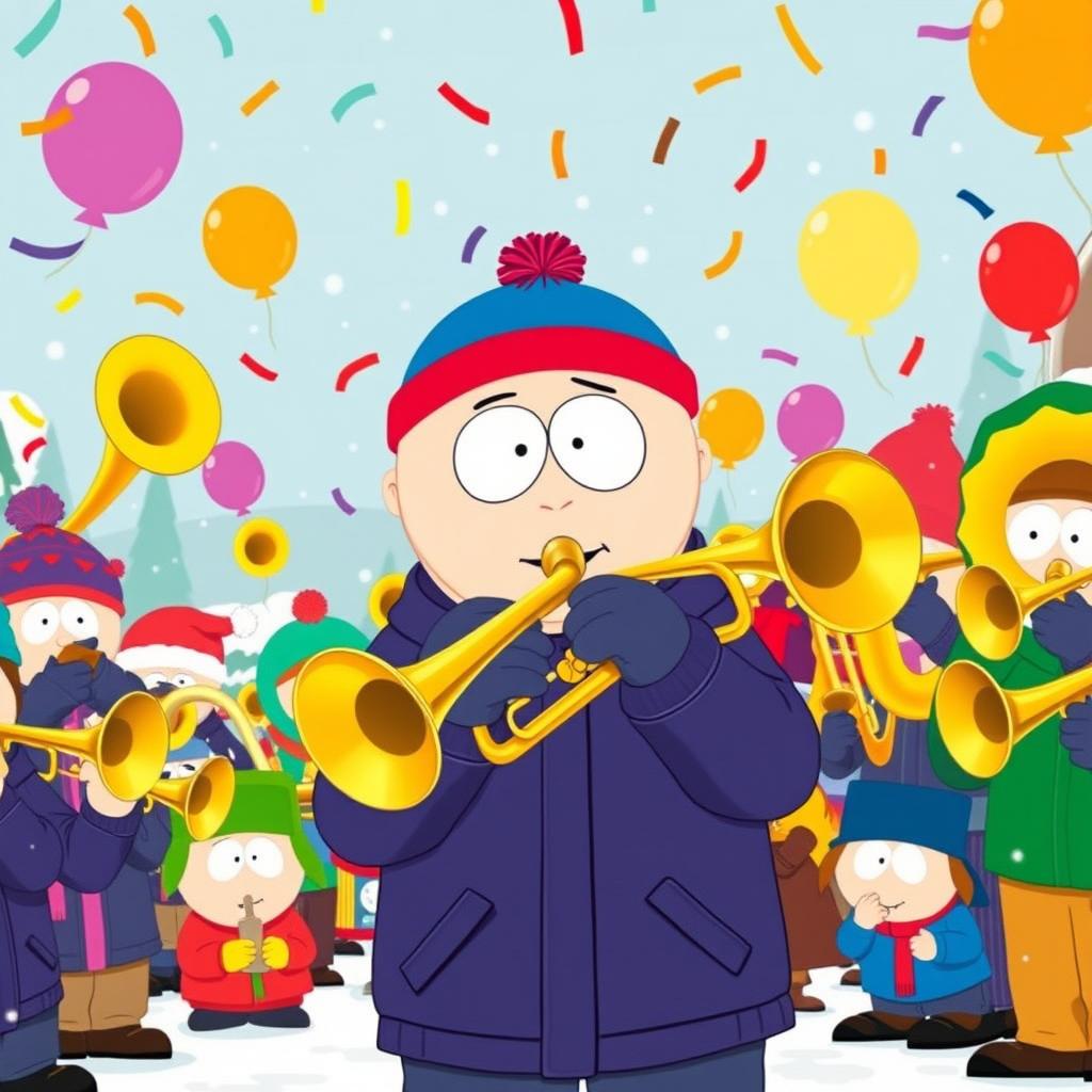 A vibrant scene of Stan Marsh from South Park playing a trumpet in a lively brass band