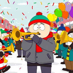 A vibrant scene of Stan Marsh from South Park playing a trumpet in a lively brass band