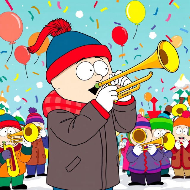 A vibrant scene of Stan Marsh from South Park playing a trumpet in a lively brass band