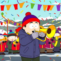 A vibrant scene of Stan Marsh from South Park enthusiastically playing a brass trombone as part of a lively marching band