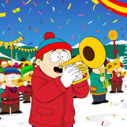 A vibrant scene of Stan Marsh from South Park enthusiastically playing a brass trombone as part of a lively marching band