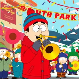 A vibrant scene of Stan Marsh from South Park enthusiastically playing a brass trombone as part of a lively marching band