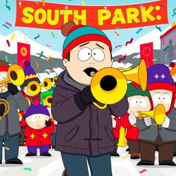 A vibrant scene of Stan Marsh from South Park enthusiastically playing a brass trombone as part of a lively marching band