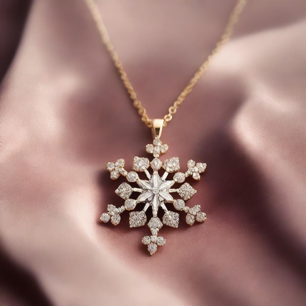 A luxurious necklace featuring a pendant of a diamond snowflake adorned with gold, sparkling against a lush velvet backdrop.